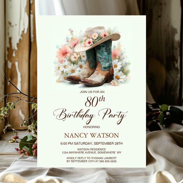 80th Birthday Cowgirl Boots and Hat Birthday Party Invitation (Creator Uploaded)