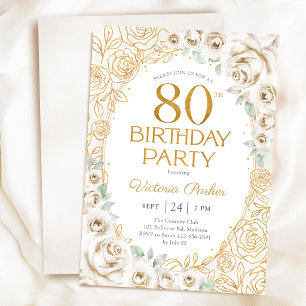 80th Birthday Cream Gold Floral Feminine Invitation