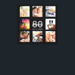 80th birthday custom photo collage black monogram canvas print<br><div class="desc">A unique 80th birthday gift or keepsake, celebrating her life with a collage of 8 of your photos. Add images of her family, friends, pets, hobbies or dream travel destination. Personalise and add a name, age 80 and a date. Grey and white coloured letters. A chic black background. This canvas...</div>