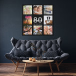 80th birthday custom photo collage black monogram faux canvas print<br><div class="desc">A unique 80th birthday gift or keepsake, celebrating her life with a collage of 8 of your photos. Add images of her family, friends, pets, hobbies or dream travel destination. Personalize and add a name, age 80 and a date. White and gray colored letters. A chic black background. This canvas...</div>