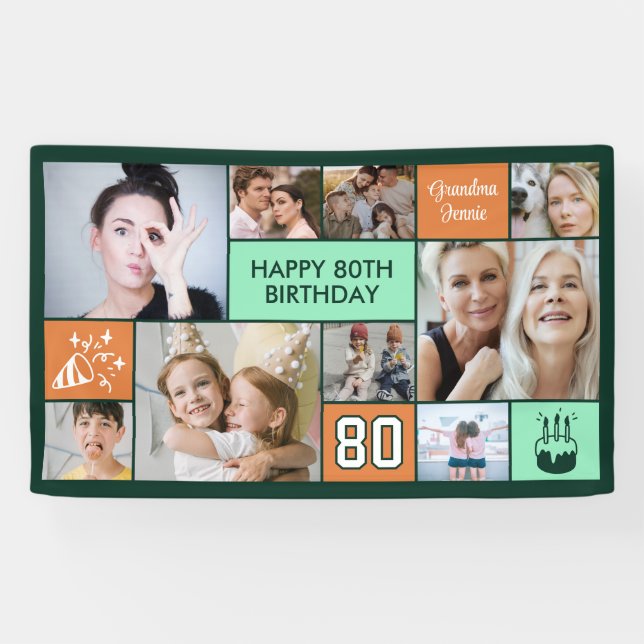 80th Birthday Custom Photo Collage Green Orange Banner (Horizontal)