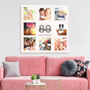 80th birthday custom photo collage rose gold name canvas print