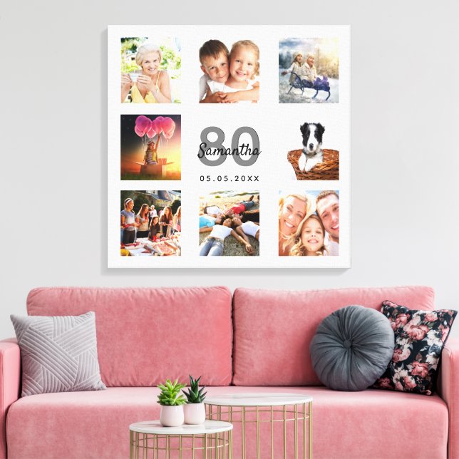 80th birthday custom photo collage white monogram canvas print (Insitu(LivingRoom))