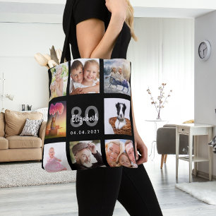 80th birthday custom photo collage woman black tote bag