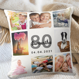 80th birthday custom photo collage woman white cushion