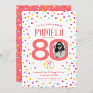 80th birthday custom photo living coral confetti invitation