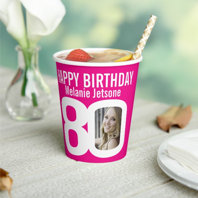 80th birthday custom two photo pink white paper cups (Insitu)