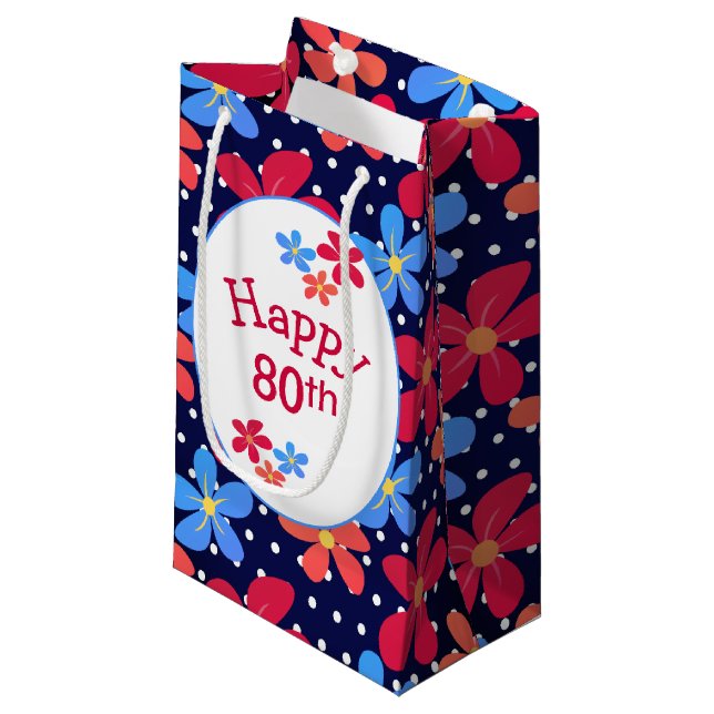80th Birthday Daisies On Polka Dots Small Gift Bag (Front Angled)