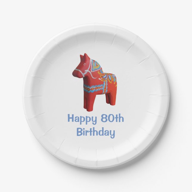80th Birthday Dala Horse Paper Plate (Front)