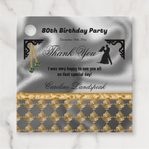 80th Birthday Damask & Green Gems Thank You Favour Tags