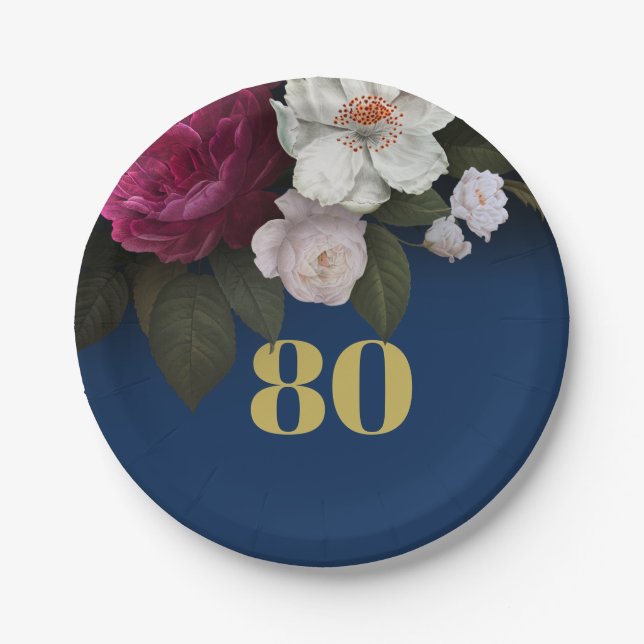 80th Birthday Dark Blue Elegant Floral Eightieth Paper Plate (Front)