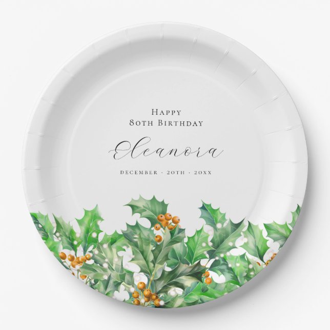 80th Birthday December Birth Flower Holly Custom Paper Plate (Front)