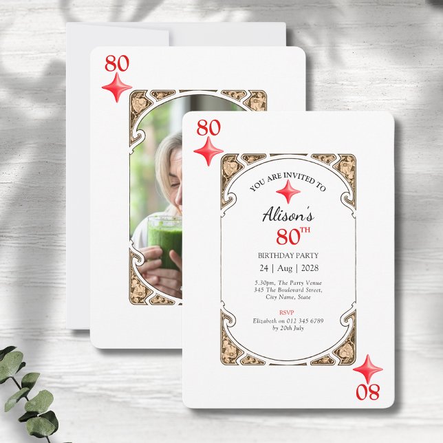80th Birthday Diamond Playing Card Invitation (80th birthday invitations in an art deco playing card style design on a grey wood background)