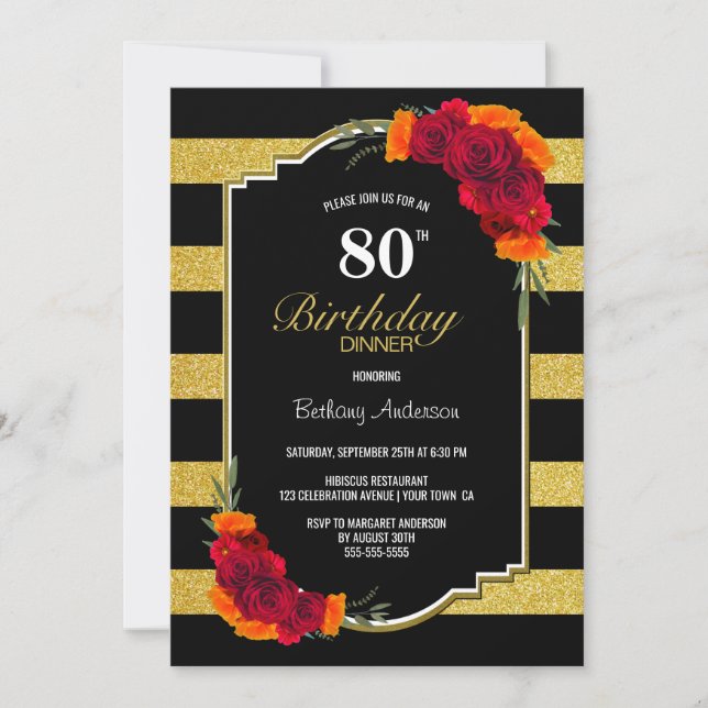 80th Birthday Dinner Gold Striped Red Floral Invitation (Front)