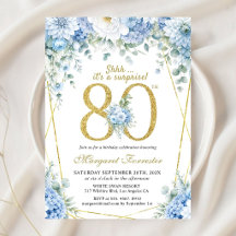 80th Birthday Dusty Blue Floral Gold Frame Chic