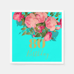 80th Birthday Eightieth  Aqua Blue Gold Elegant Napkin