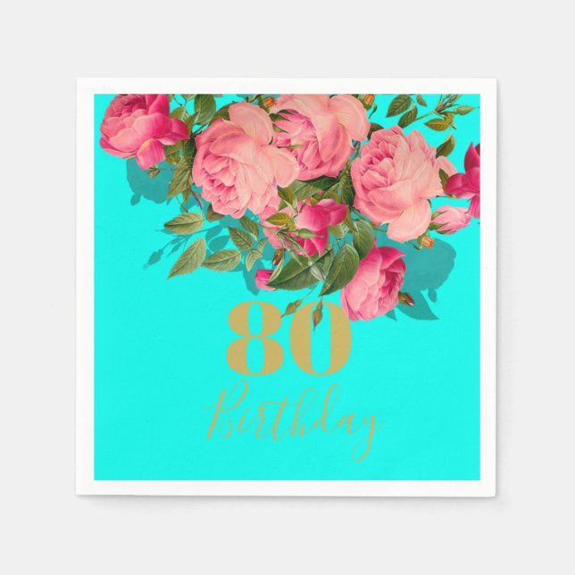 80th Birthday Eightieth  Aqua Blue Gold Elegant Napkin (Front)