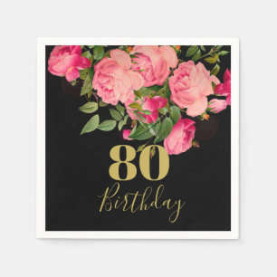 80th Birthday Eightieth  Black Gold Elegant Napkin