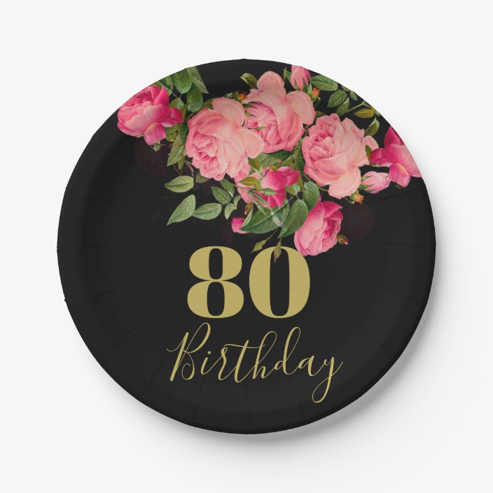 80th Birthday Eightieth Black Gold Rose Elegant Paper Plate Uk