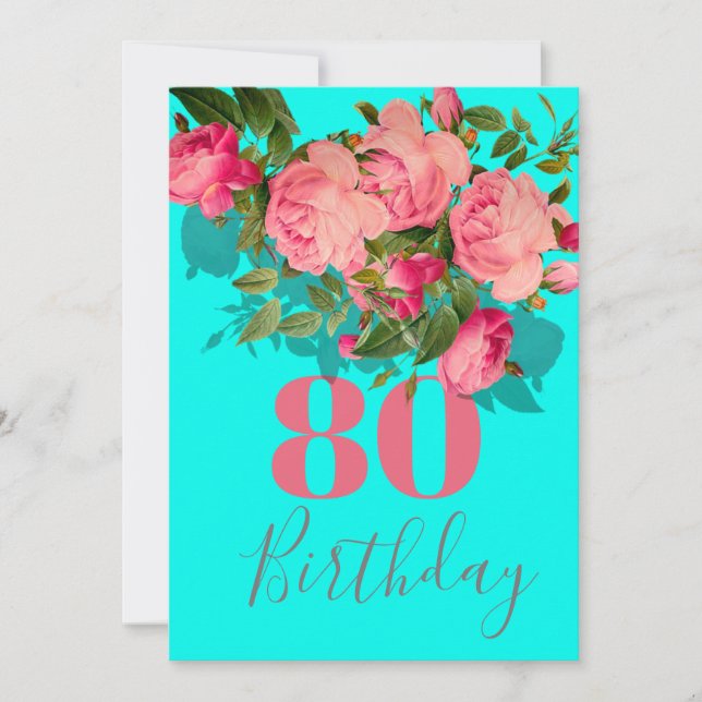 80th Birthday Eightieth Blue Pink Rose Elegant Invitation (Front)