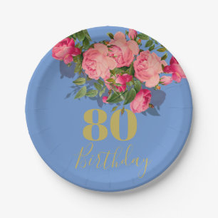 80th Birthday Eightieth Blue Rose Elegant Paper Plate