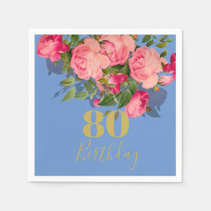 80th Birthday Eightieth  Blue Rose  Gold Elegant Napkin