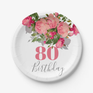 80th Birthday Eightieth Pink Rose Elegant Paper Plate