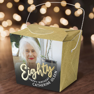 80th birthday Eighty script gold black photo Favour Box