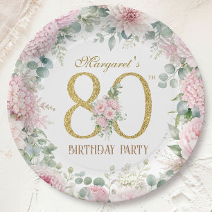 80th Birthday Elegant Blush Pink & Gold Floral Paper Plate