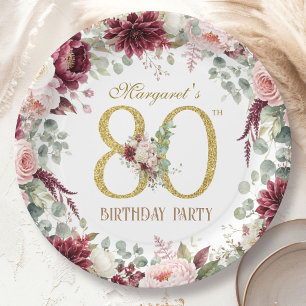 80th Birthday Elegant Burgundy Blush Floral Paper Plate