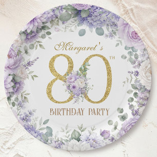 80th Birthday Elegant Dusty Purple & Gold Floral Paper Plate