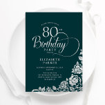 80th Birthday Elegant Emerald Green Silver Roses Invitation<br><div class="desc">Simple elegant 80th birthday party invitation in emerald green and silver. Classy design featuring roses, faux silver foil and typography script font. Trendy invite card perfect for a stylish female bday celebration. Personalise with your own details. Can be customised to any age. Printed Zazzle invitations or instant download digital printable...</div>