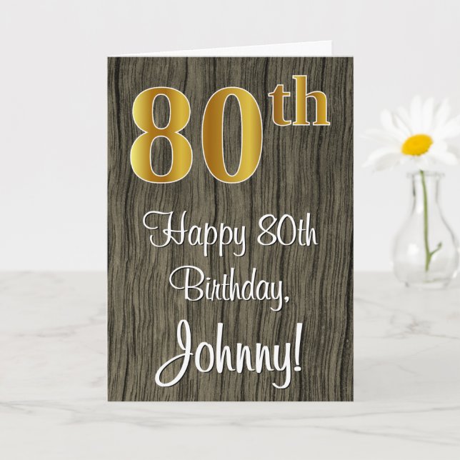 80th Birthday: Elegant Faux Gold Look #, Faux Wood Card (Small Plant)