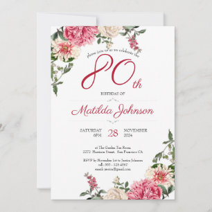 80th Birthday Elegant Floral Pink Red Custom Party Invitation