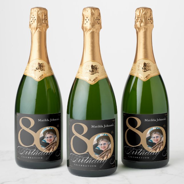 80th Birthday Elegant Gold Black Custom Photo  Sparkling Wine Label (Bottles)