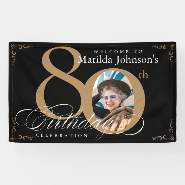 80th Birthday Elegant Gold Calligraphy Black Photo Banner (Horizontal)