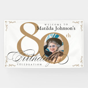 80th Birthday Elegant Gold White Calligraphy Photo Banner