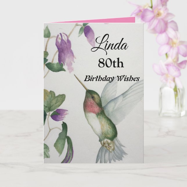 80th Birthday Elegant Hummingbird Watercolor Card (Orchid)