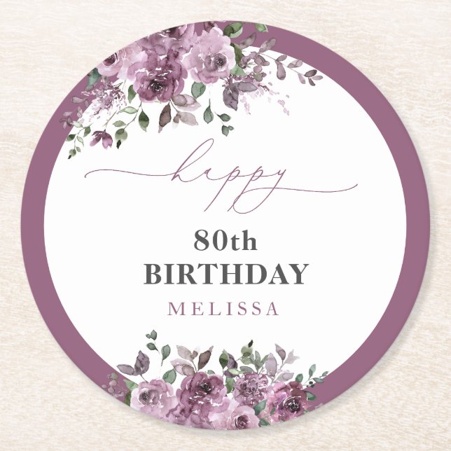 80th Birthday Elegant Purple Roses Round Paper Coaster (Front)