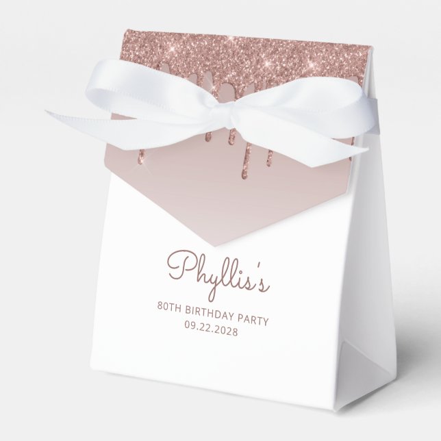 80th Birthday Elegant Rose Gold Glitter Drip Favour Box (Front Side)