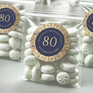 80th Birthday Elegant Vintage Gold Roses Navy Blue Classic Round Sticker
