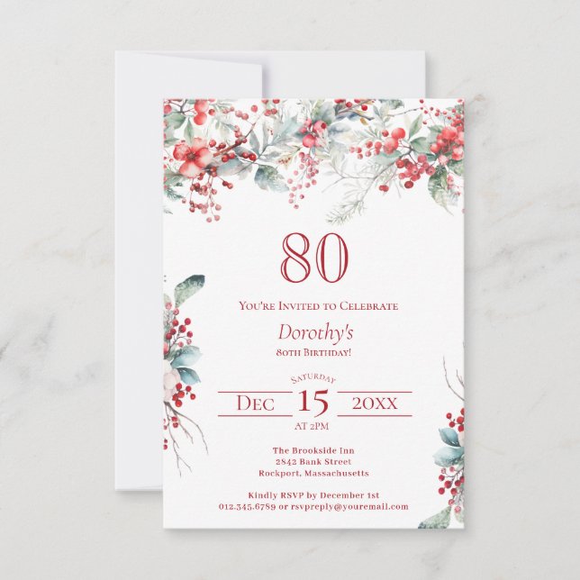 80th Birthday Elegant Winter Berry Botanical Invitation (Front)