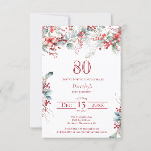 80th Birthday Elegant Winter Berry Botanical Invitation