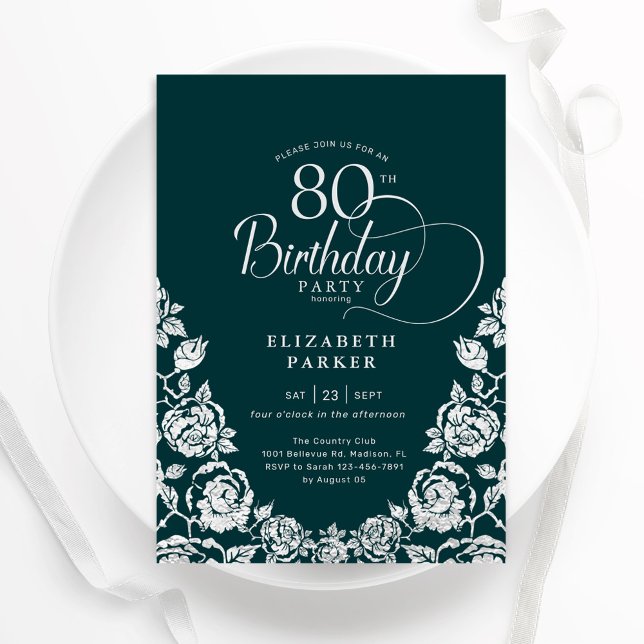 80th Birthday Emerald Green Silver Roses Invitation (Creator Uploaded)