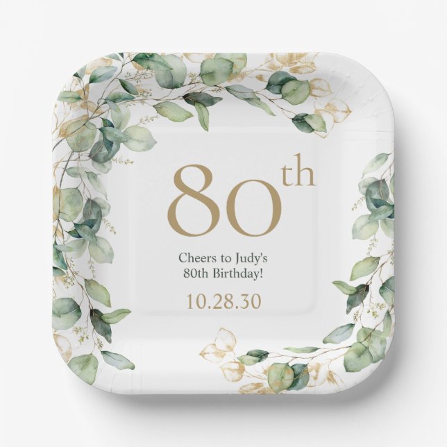 80th Birthday Eucalyptus Paper Plate (Front)