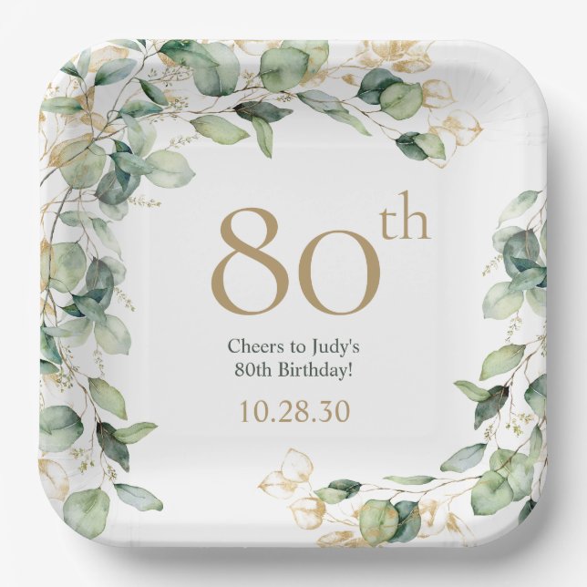 80th Birthday Eucalyptus Paper Plate (Front)