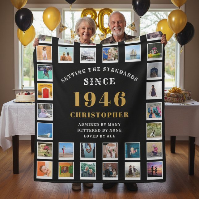 80th Birthday Family Memories Photo Collage  Fleece Blanket (Born 1946 fleece blanket held up by an elderly couple.)