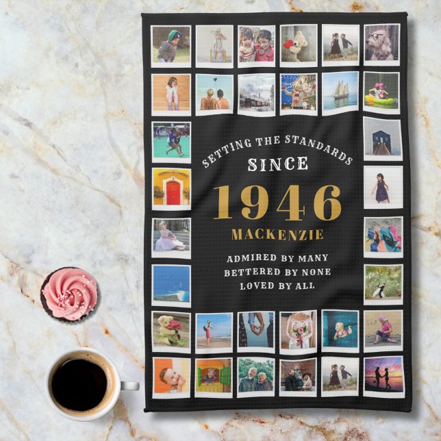 80th Birthday Family Memories Photo Collage  Tea Towel (1946 kitchen towel. Marble background.)