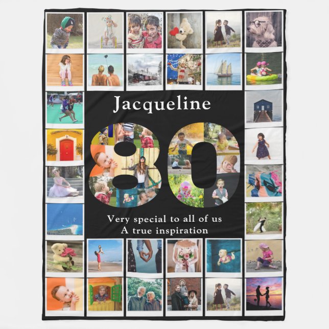 80th Birthday Family Photo Template Large Fleece Blanket (Front)