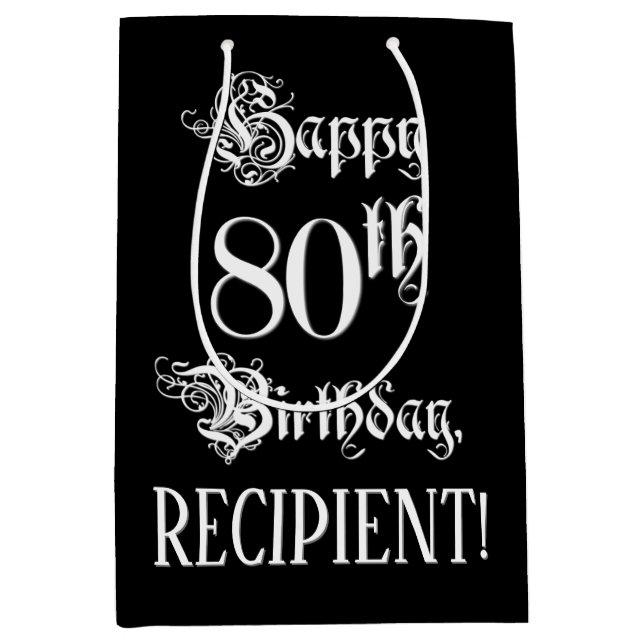 80th Birthday: Fancy, Elegant Script + Custom Name Medium Gift Bag (Front)
